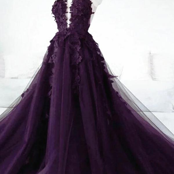 Beautiful Orange Tulle A Line V Neck Lace Appliques Long Prom Dresses, PL529 main image 1