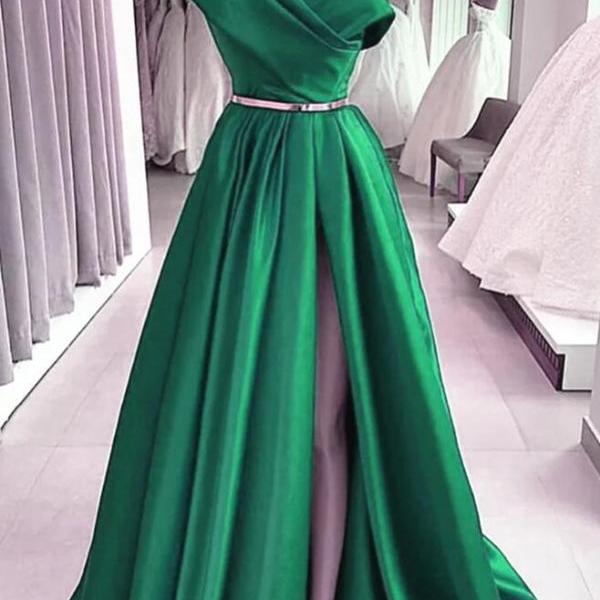 Off the Shoulder Dark Green Satin Long Prom Dresses, Dark Green Long Satin Formal Dresses