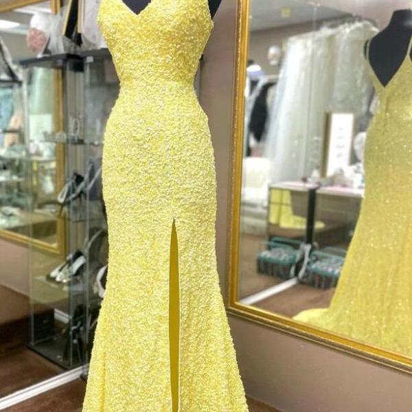 Chic Yellow Prom Dress Sequins Sheath Birthday Dress Sleeveless Evening Dress DP05154 main image 0