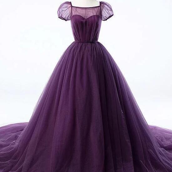 Mermaid Purple Tulle Short Sleeve Evening Dress