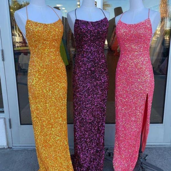 Sexy Tie Back Yellow Sequins Prom Dresses
