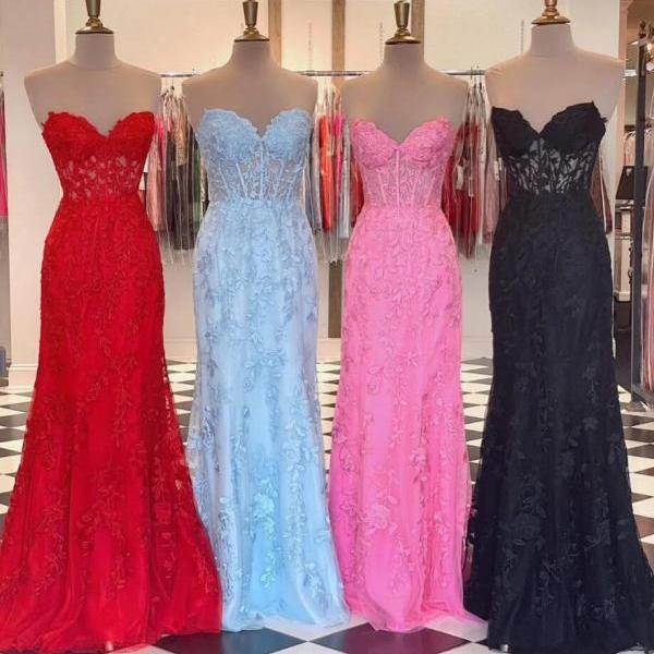A Line Stunning Strapless Lace Mermaid Prom Dresses