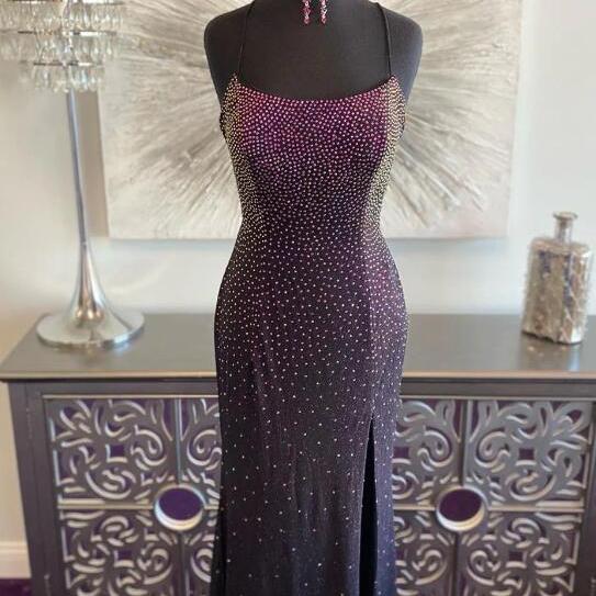 Mermaid Dark Purple Lace-Up Back Prom Dress with Beading