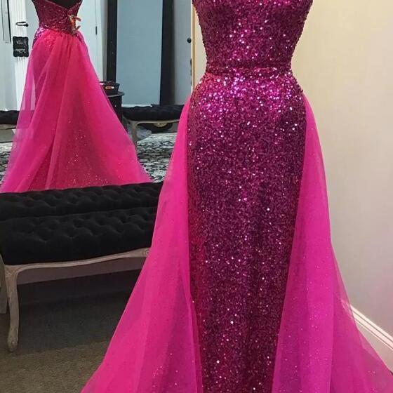 Sparkly Hot Pink Sequins Long Prom Dress