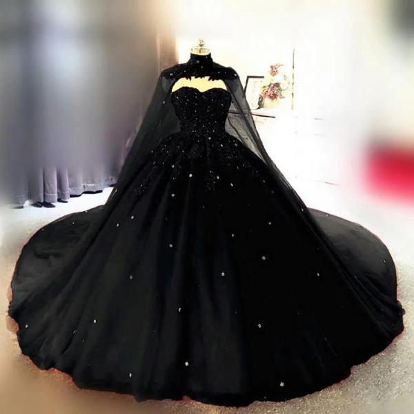 Vintage Gothic Style Black Ball Gown Prom Dresses With Cape on Luulla