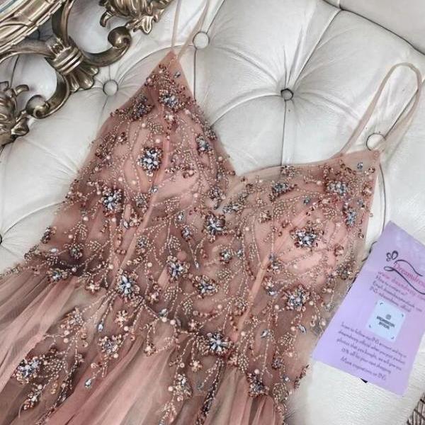 Long Tulle Dress with Beaded Straps Mist