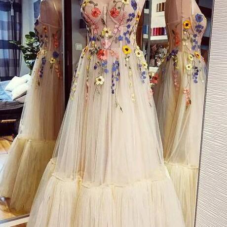 Spaghetti Straps Tulle Floor Length Long Prom Dress With Flowers