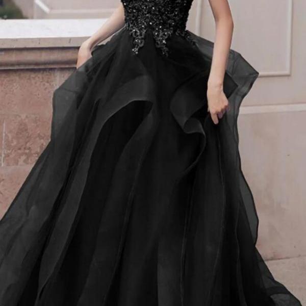 A Line Black Tulle Long Formal Prom Dress
