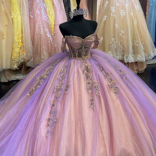 Off Shoulder Ball Gown Long Prom Dress with Applique C429