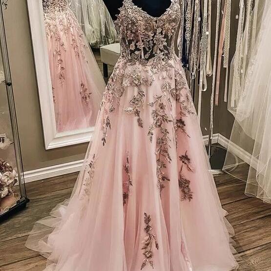 Ball Gown Tulle V-neck Beading Sleeveless Floor-Length Prom Dresses