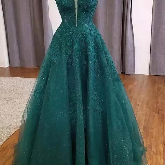 Sparkly Two Pieces Long A Line V Neck Lace Appliques Tulle Formal Prom Dresses