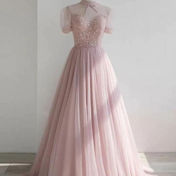 Sequin Applique Pink Tulle V-Neck A-Line Long Prom Gown main image 0