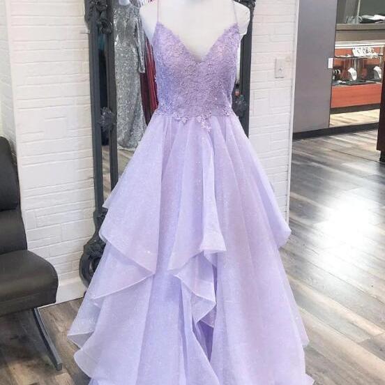 Red Tulle A Line V Neck Prom Dresses With Lace Appliques, Party Dress, PL556 main image 0