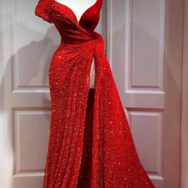 Elegant Red Long V-Neck Front Split Prom Dresses With Glitter main image 1