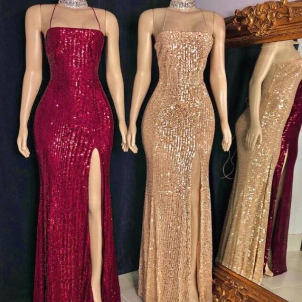 Glitter Cut Out Sleeveless Slit Sequins Prom Dress,ED5789
