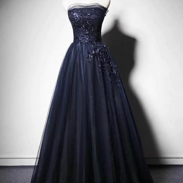 Navy Blue A Line Tulle Star Strapless Prom Dress