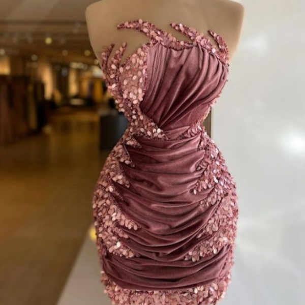 Sparkly Sequin Rose Pink Evening Dresses Short Prom Dresses For Women 