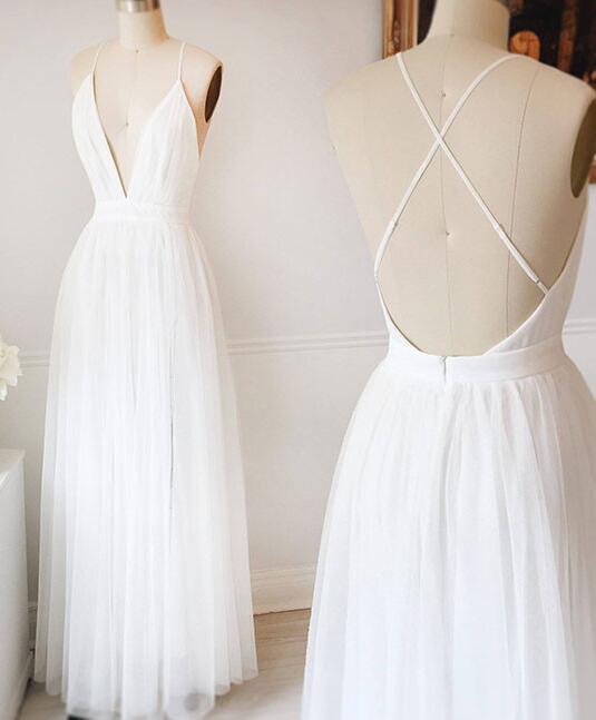 Trendy A-line V Neck White Prom Gown SREAL109 main image 1