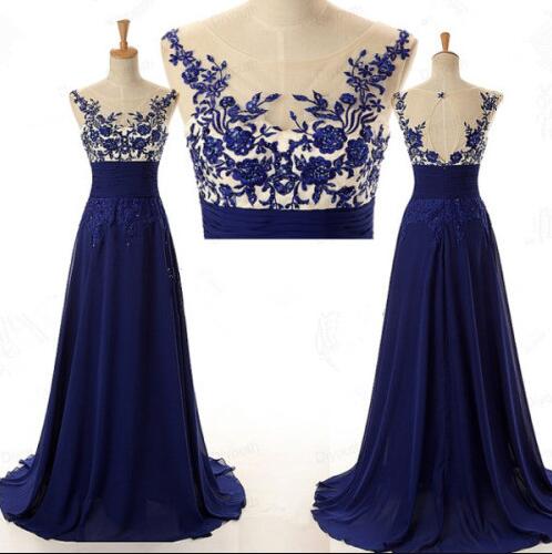 Lace Appliques Scoop Neckline Prom Dress,Navy Tulle Top Chiffon Skirt ...