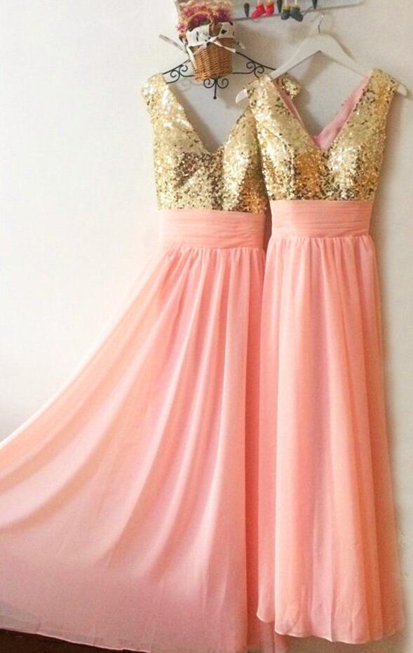 Gold Sequins Bridesmaid Dress,long Chiffon Bridesmaid Dress,pink Bridesmaid Dresses ,sparkly