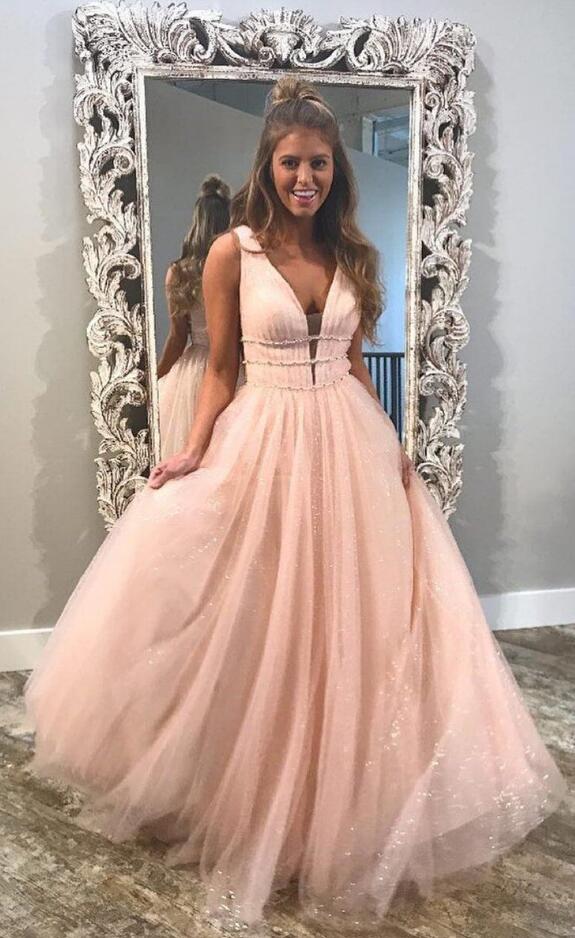 Sexy Prom Dress Deep V Neck Straps Prom Dress A Line Prom Dress Long