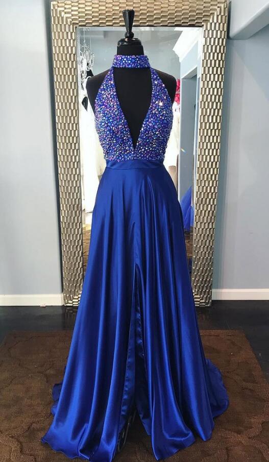 Royal Blue Split Formal Dress,sexy Prom Dress,beading Prom Dress,v Neck ...