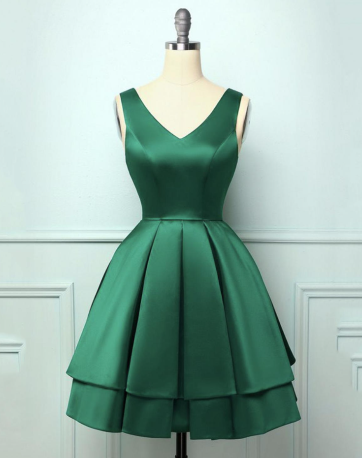 Green Satin Short Sleeves Sweetheart Homecoming Dress, Green A-line Short Prom Dress