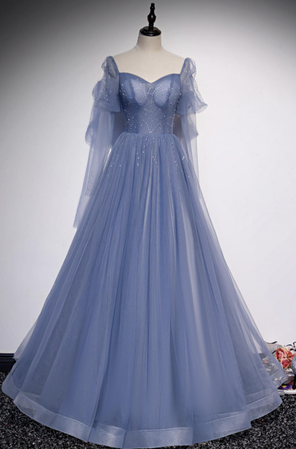 A Line Blue Tulle Long Prom Dress Evening Dress on Luulla