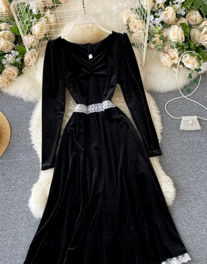 Black Velvet Long Sleeve Dress Lace Dress on Luulla