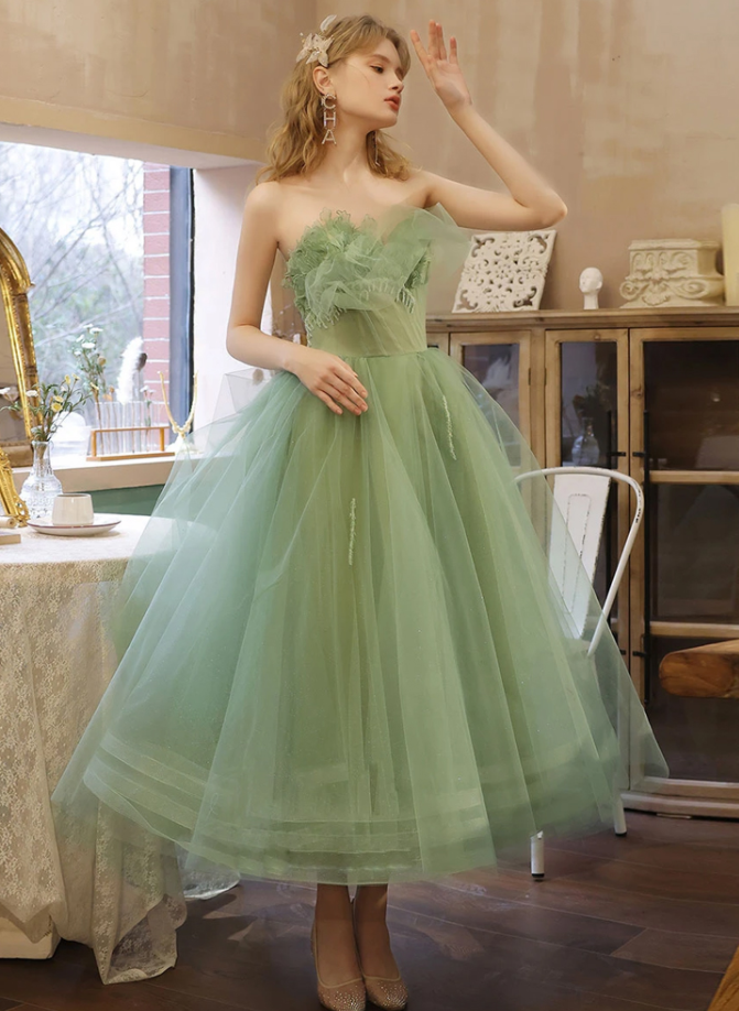 Green Tulle Lace Tea Length Prom Dress on Luulla