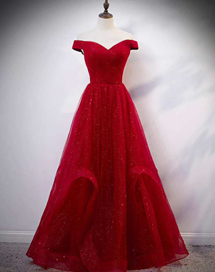 Burgundy tulle long prom gown formal dress C1569 main image 1