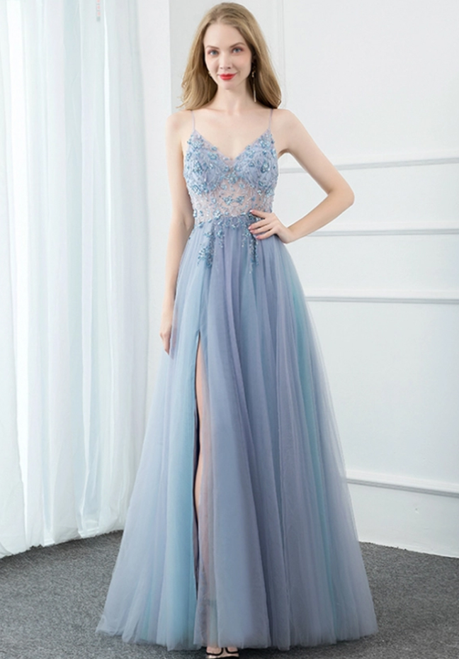 Light Blue Spaghetti Strap V-Neck Ruffle A-Line Prom Dress