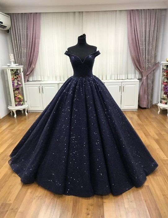 Navy Blue V Neck Ball Gown Prom Dress on Luulla