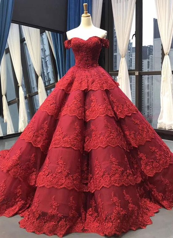 Burgundy Lace Ball Gown Prom Dress With Sleeves on Luulla