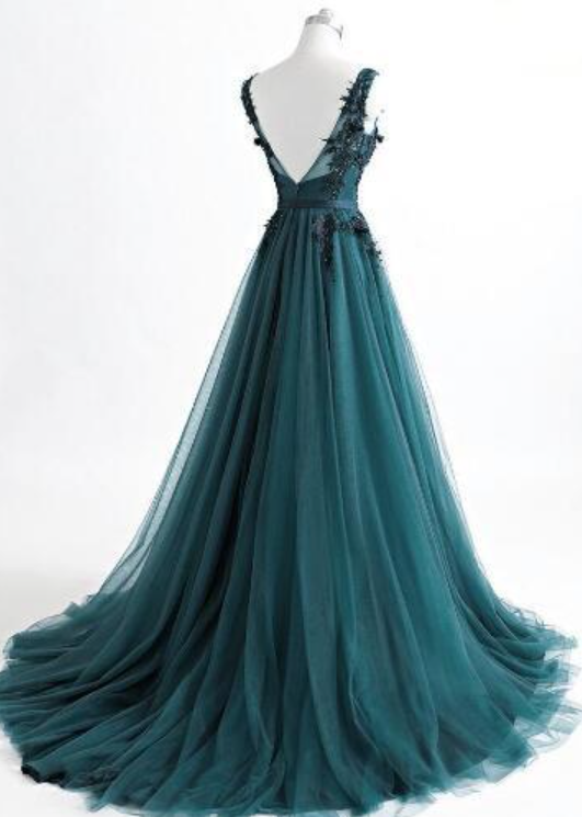 Green A-Line V-Neck Glitter Pleated Long Tulle Prom Dress/Evening Dress Y6440