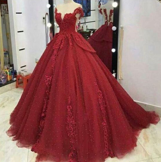 Burgundy Prom Dress,Appliques Prom Dresses,ball Gown Prom Dress on Luulla