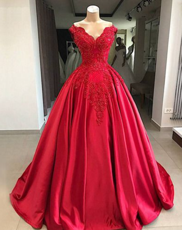 V Neck Satin Prom Dress,Appliques Prom Dresses on Luulla