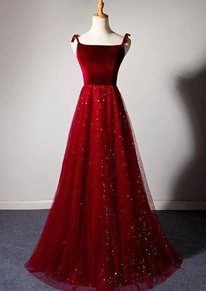 Long Tulle Dress with Beaded Straps Red