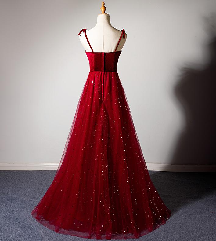Dark Red Tulle A-line Long Prom Dress, Beautiful Prom Dress main image 1