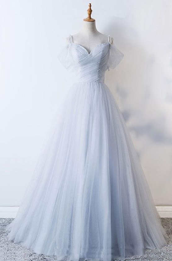 Grey Tulle Sweetheart Party Dress, A-Line Tulle Floor Length Prom Dress Evening Dress