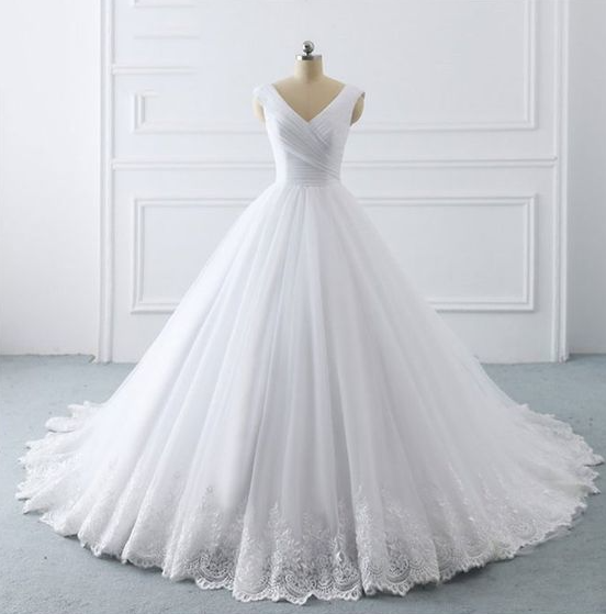 Vintage White V Neck Tulle Lace Long Wedding Dress on Luulla