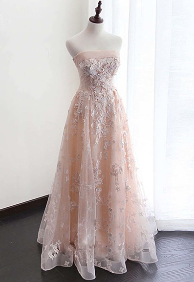 Pink A-Line Strapless Satin Tulle Long Prom Dress Graduation Prom Birthday Dress ED01708 main image 0