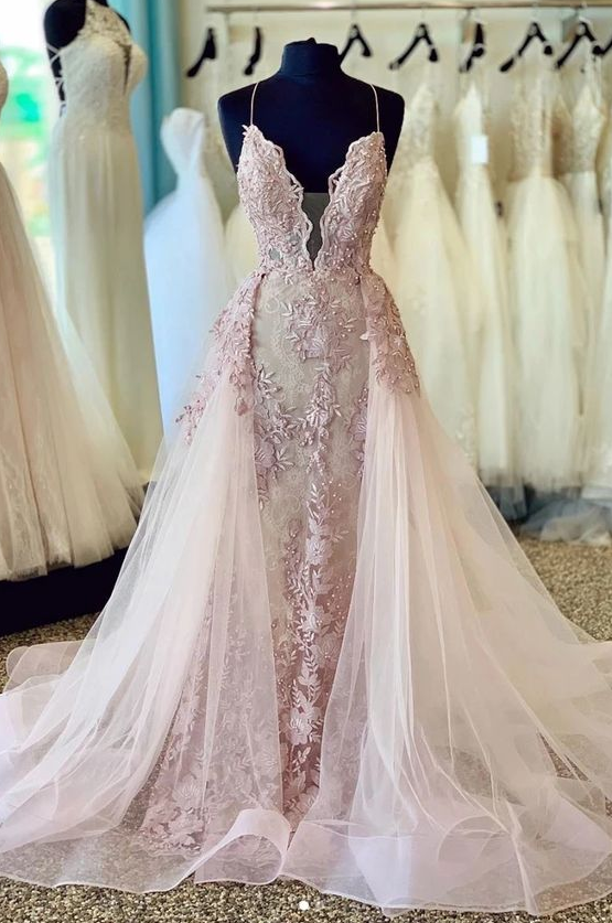 Rhinestone V-neck Spaghetti Straps Sheath Prom Dresses Pearl Pink