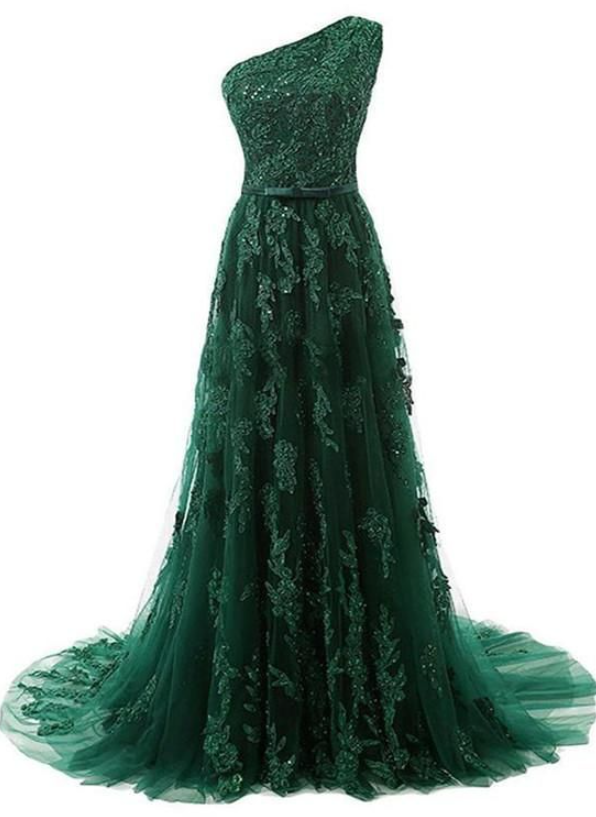 A-Line Sweep Train Dark Green Tulle Prom Dress With Appliques on Luulla