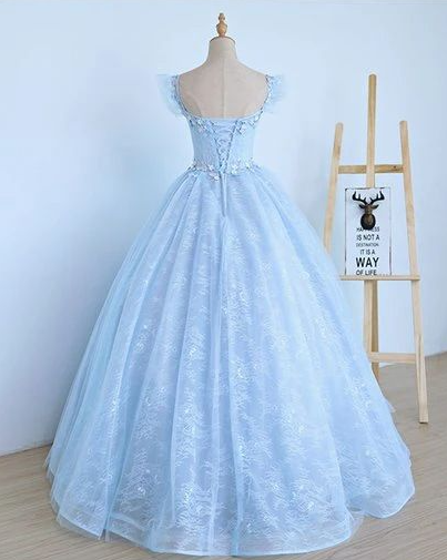 Cap Sleeve Light Blue Lace Long Prom Dress on Luulla