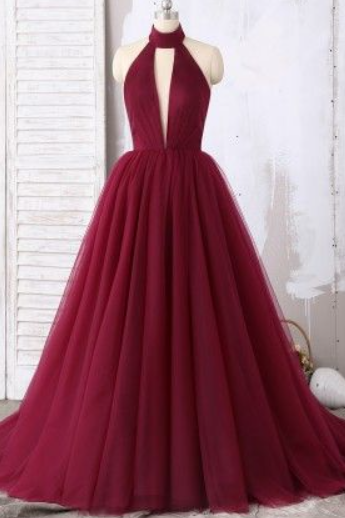 Pretty Sheath Halter Burgundy Prom Dresses Long Birthday Dress For Women