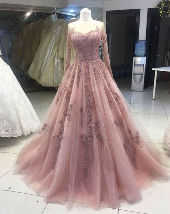 A Line Long Sleeve Pink Tulle Lace Prom Dress on Luulla