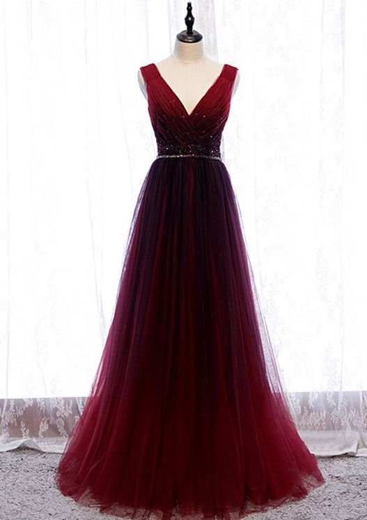 Burgundy A Line V Neck Tulle Beadings Prom Dresses LBQ3846