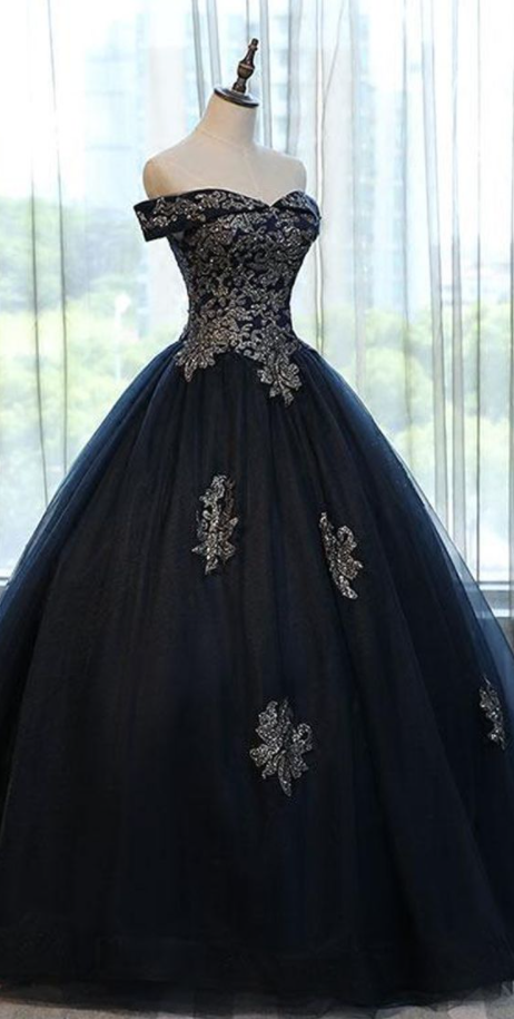 Off The Shoulder Lace Appliques Navy Blue Ball Gown Prom Dresses on Luulla