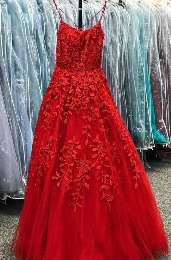 A Line V Neck Red Lace Appliques Long Prom Dresses